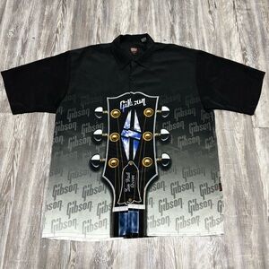 Gibson Tour Wear Shirt Mens XL Black Les Paul Guitar Print Button Up Dragonfly